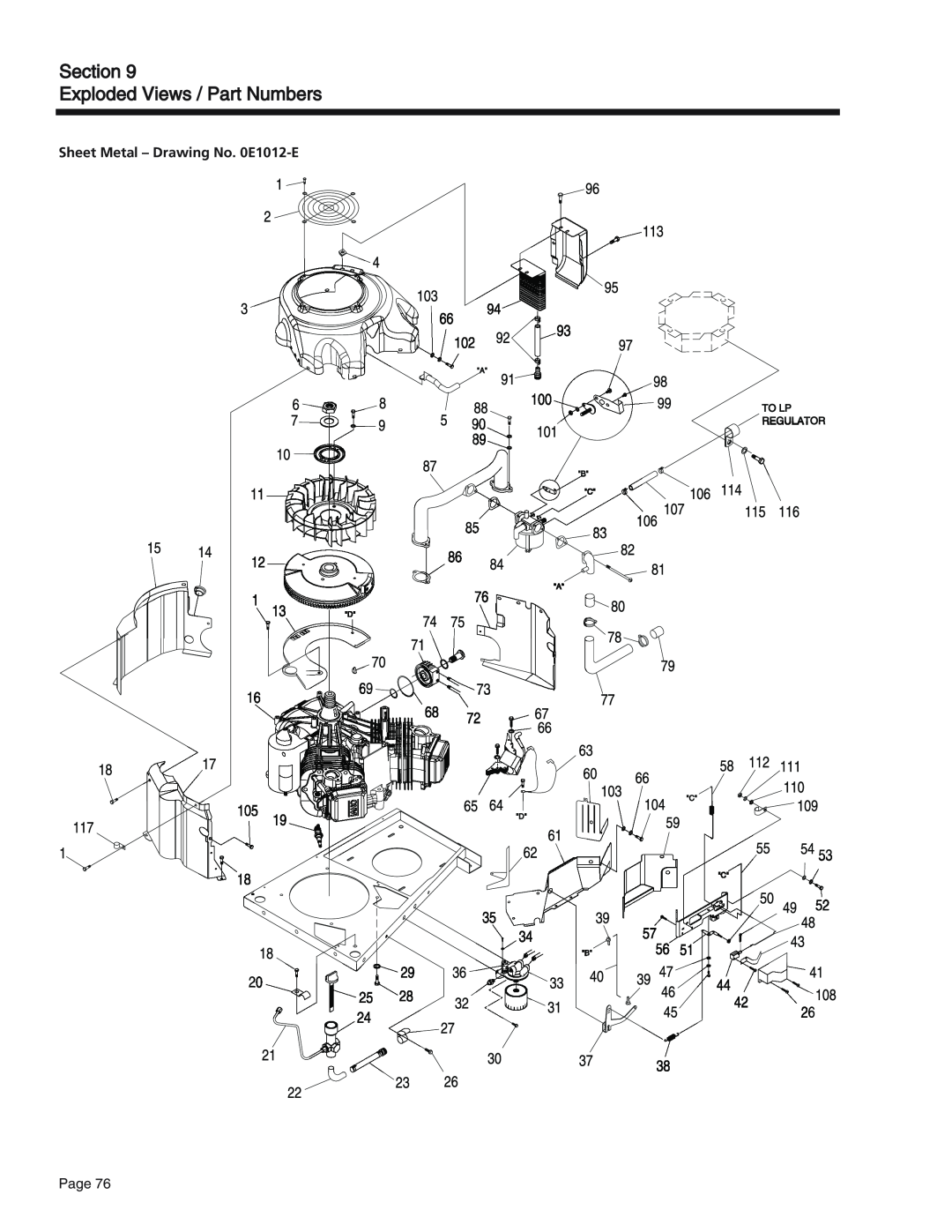 Generac Power Systems 55, 75, 65 manual Section Exploded Views / Part Numbers, Sheet Metal – Drawing No. 0E1012-E 