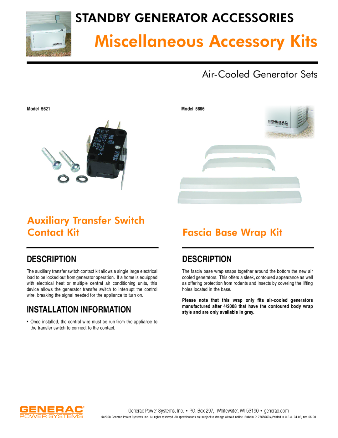 Generac Power Systems 5666 specifications Miscellaneous Accessory Kits, Auxiliary Transfer Switch Contact Kit, Description 