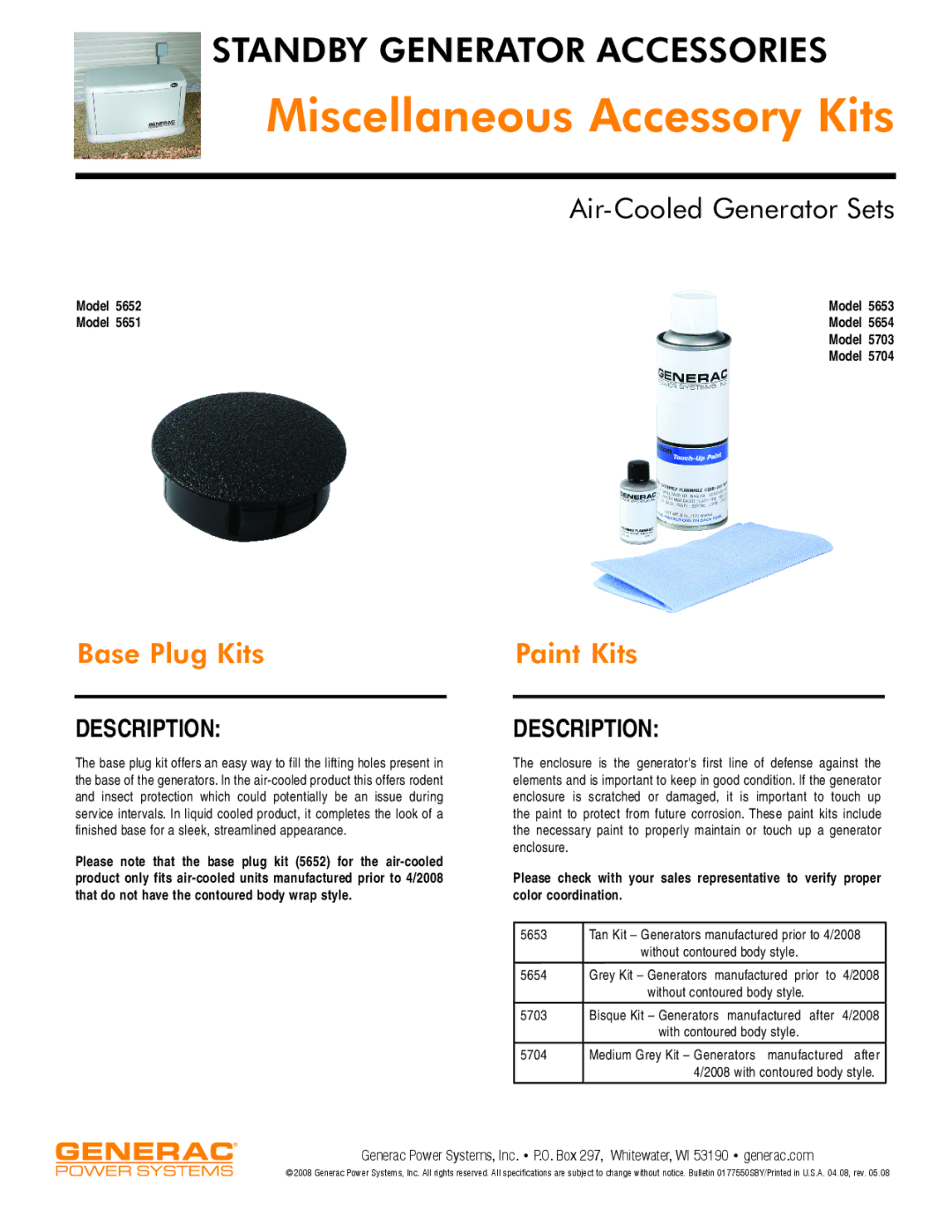 Generac Power Systems 5621, 5666 specifications Base Plug Kits, Paint Kits 