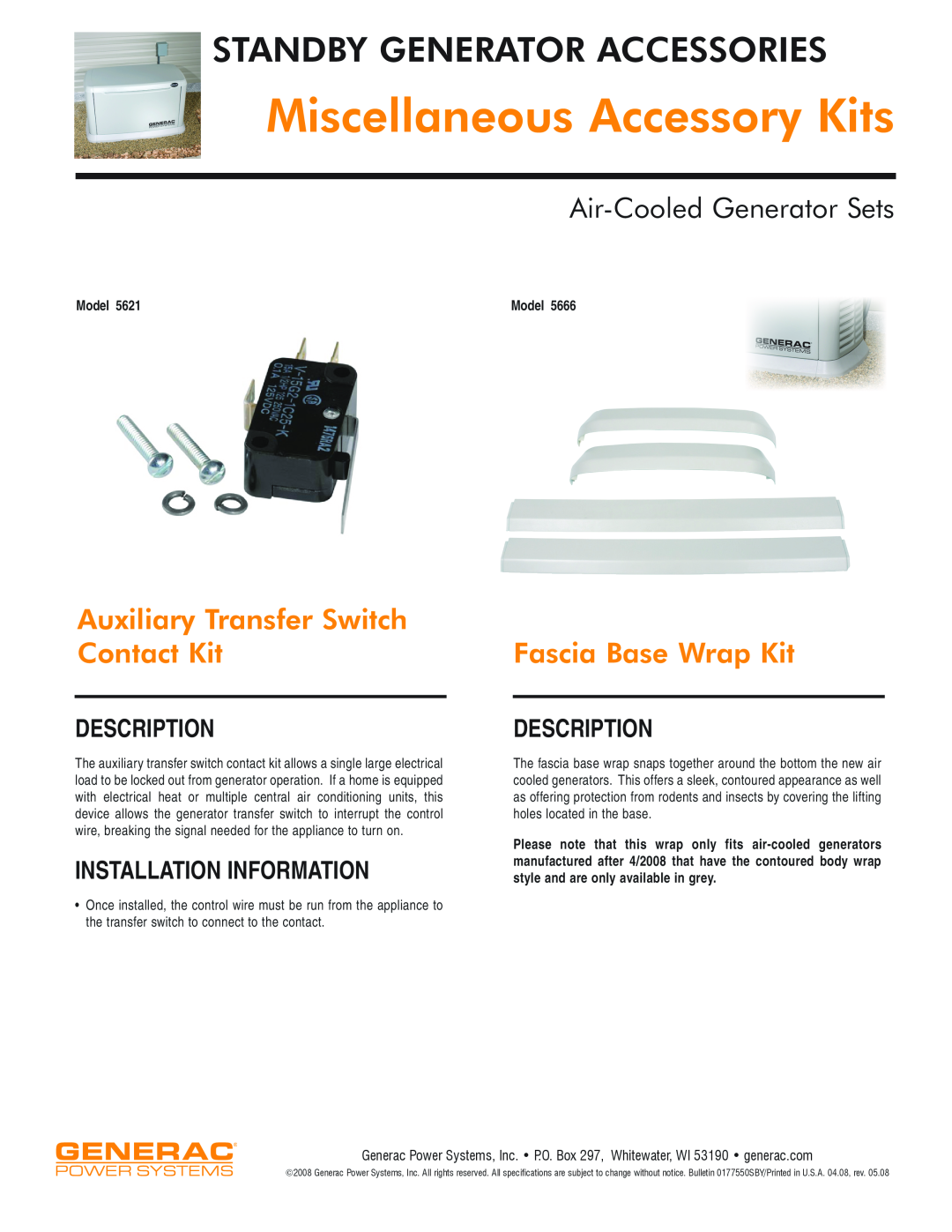 Generac Power Systems 5666 specifications Miscellaneous Accessory Kits, Standby Generator Accessories, Description, Model 