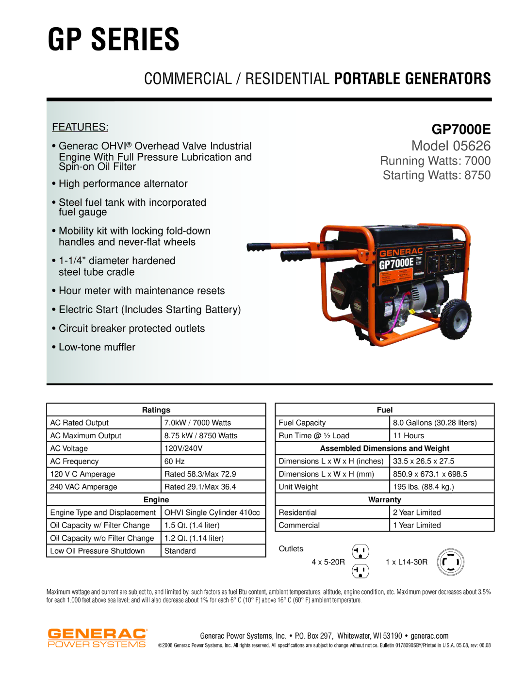 Generac Power Systems 5626 dimensions GP Series, Commercial / Residential Portable Generators, GP7000E, Model 