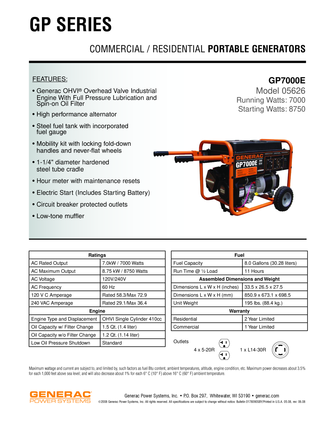 Generac Power Systems 5626 dimensions Gp Series, Commercial / Residential Portable Generators, GP7000E, Model 
