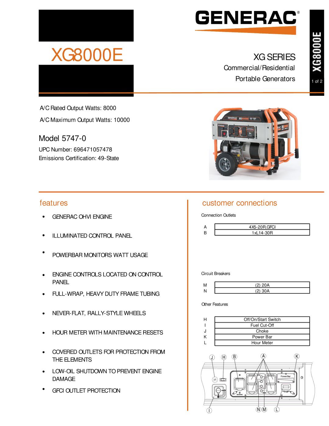 Generac Power Systems 5747-0 manual XG8000E, Model, Features, Customer connections 