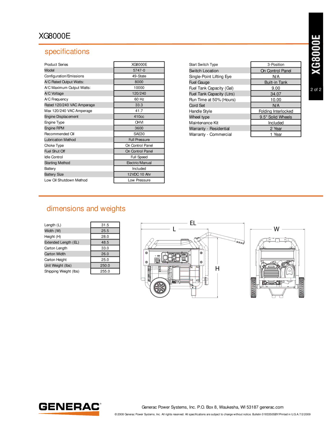 Generac Power Systems 5747-0 manual XG8000E, Specifications, Dimensions and weights 