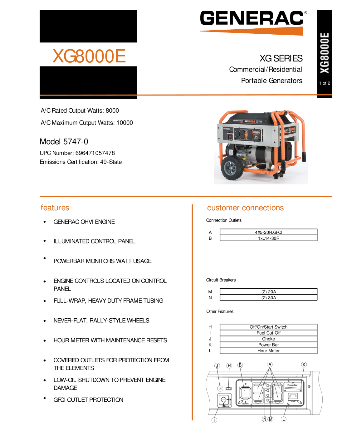 Generac Power Systems 5747-0 manual Model, XG8000E, features, customer connections, Xg Series 