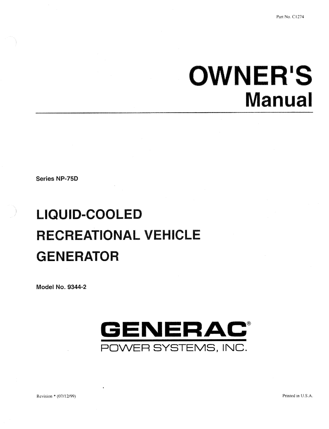 Generac Power Systems 9344-2 manual 