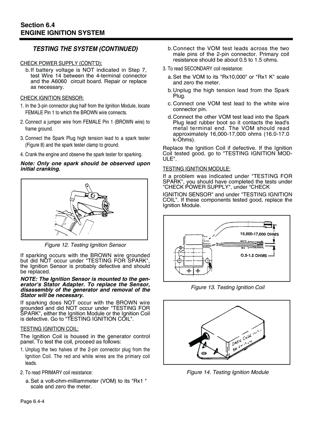 Generac Power Systems 940-2, 941-2 service manual Check Power Supply CONT’D, Check Ignition Sensor, Testing Ignition Coil 