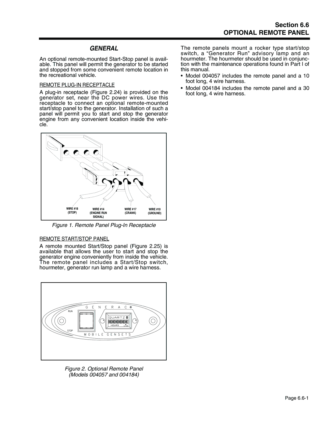 Generac Power Systems 941-2, 940-2 service manual Remote PLUG-IN Receptacle, Remote START/STOP Panel 