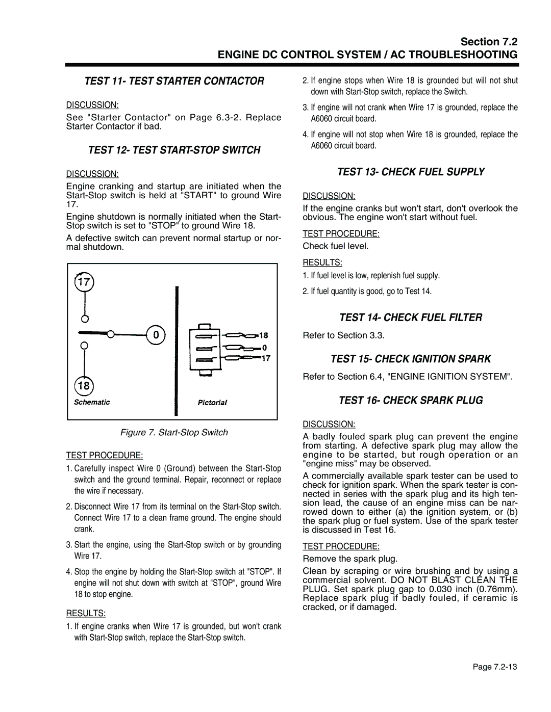 Generac Power Systems 941-2 Test 11- Test Starter Contactor, Test 12- Test START-STOP Switch, Test 13- Check Fuel Supply 