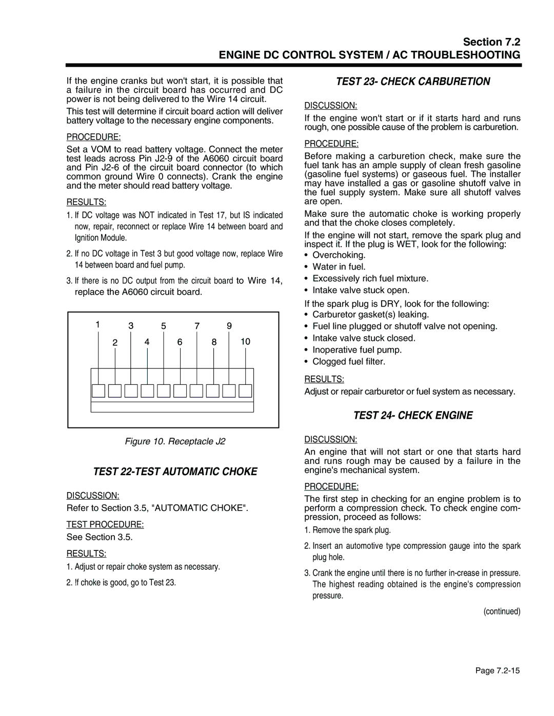 Generac Power Systems 941-2 Test 23- Check Carburetion, Test 22-TEST Automatic Choke, Test 24- Check Engine, Procedure 