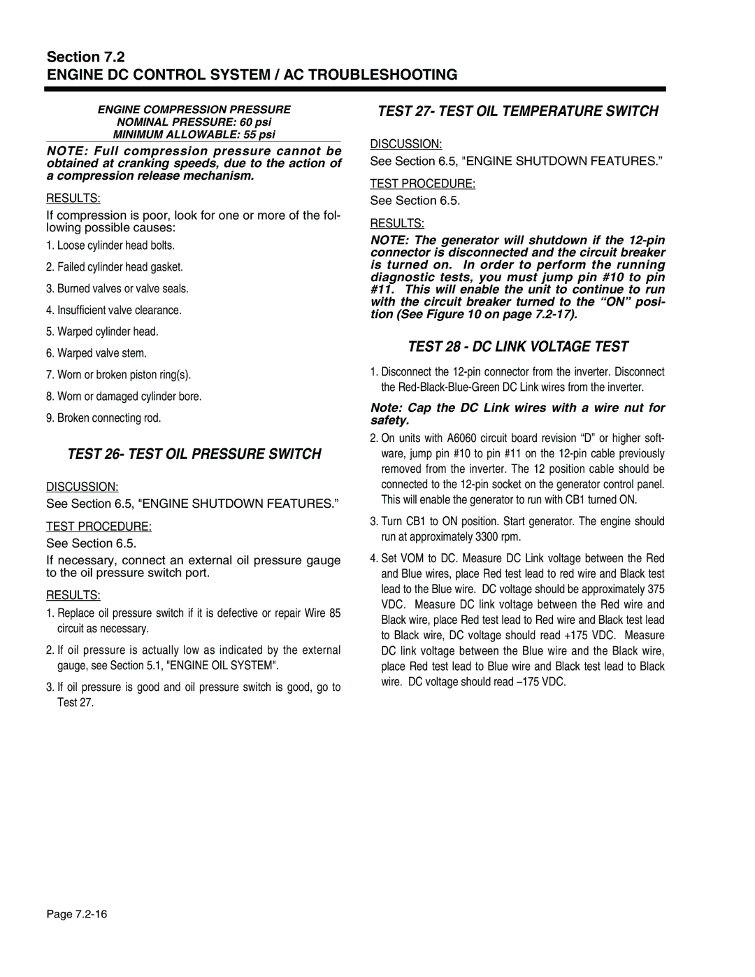 Generac Power Systems 940-2, 941-2 service manual Test 27- Test OIL Temperature Switch, Test 26- Test OIL Pressure Switch 