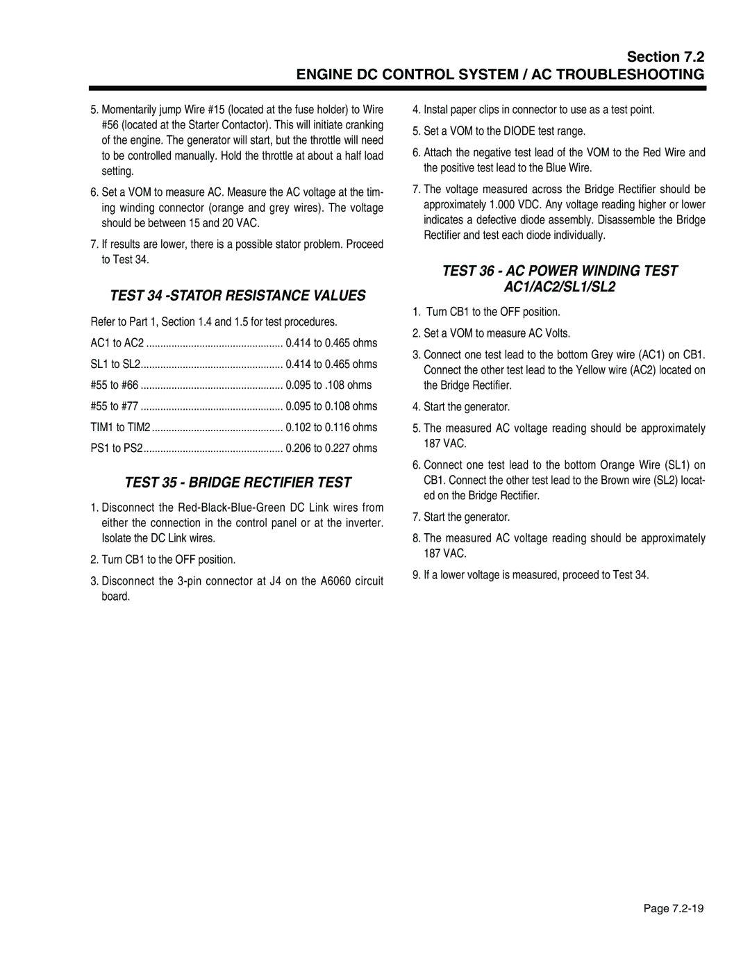 Generac Power Systems 941-2, 940-2 service manual Test 34 -STATOR Resistance Values, Test 35 Bridge Rectifier Test 