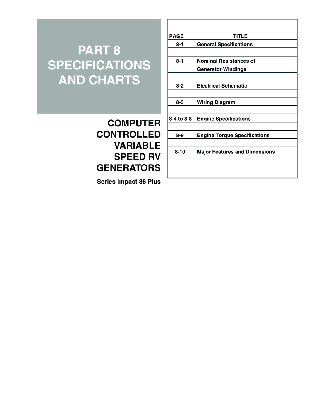 Generac Power Systems 941-2, 940-2 service manual Part Specifications Charts 