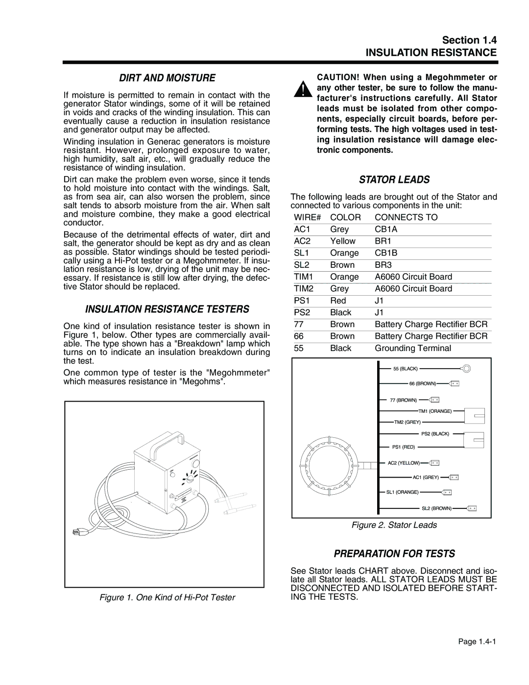 Generac Power Systems 941-2, 940-2 Dirt and Moisture, Insulation Resistance Testers, Stator Leads, Preparation for Tests 