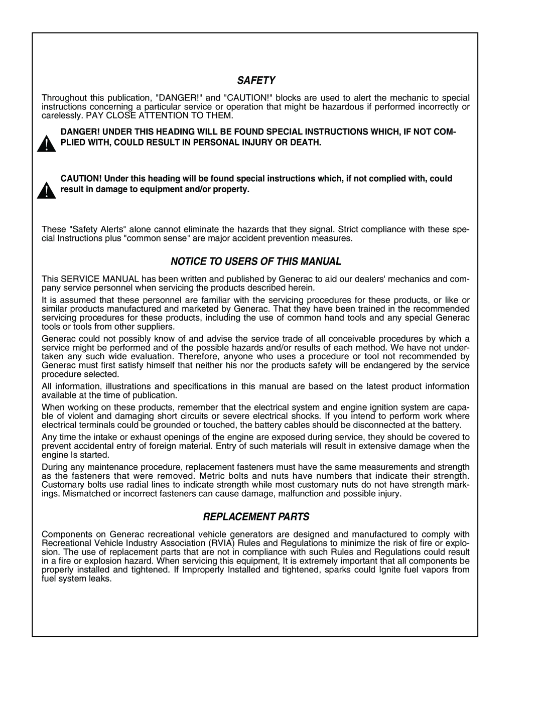 Generac Power Systems 940-2, 941-2 service manual Safety, Replacement Parts 