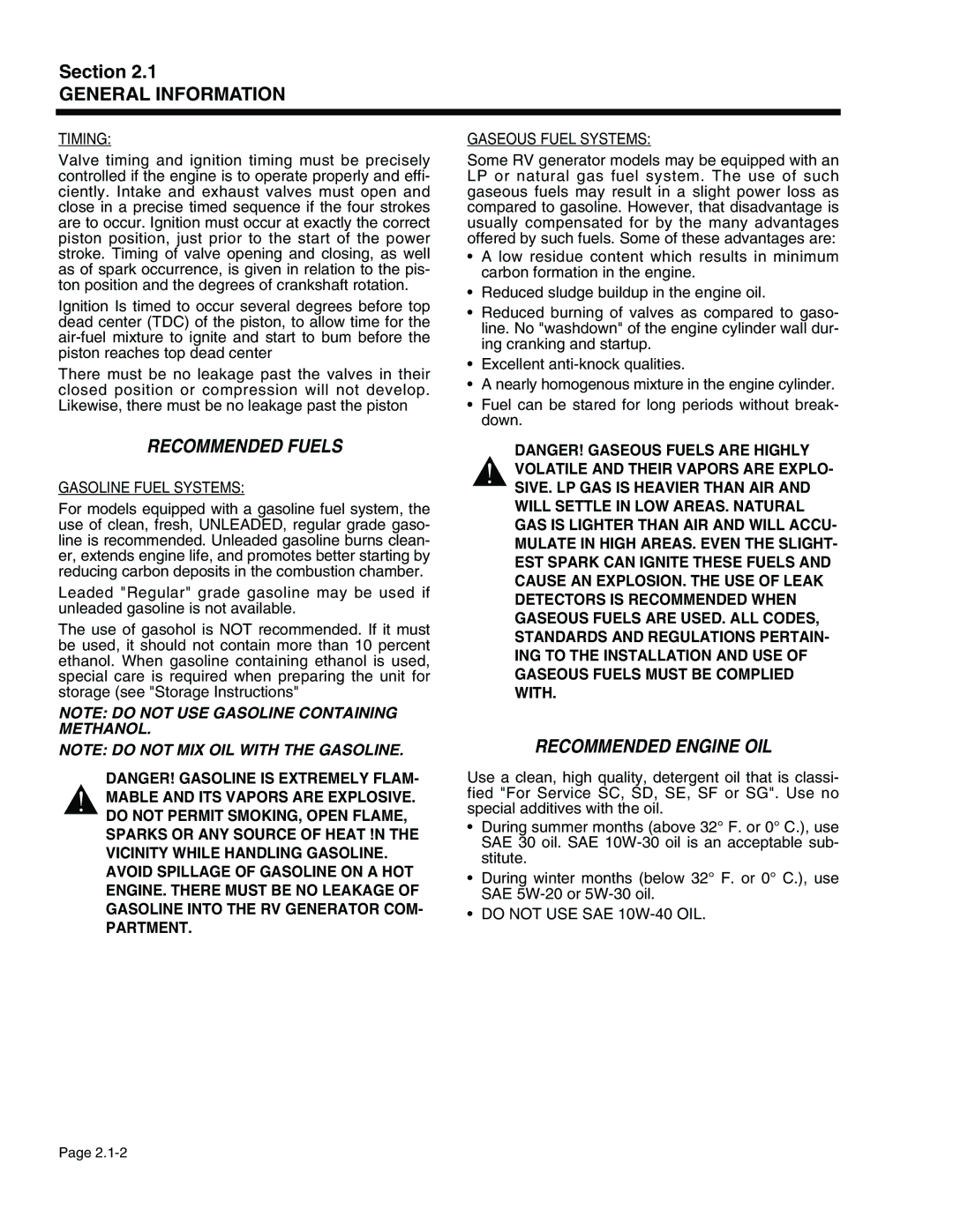 Generac Power Systems 940-2, 941-2 service manual Recommended Fuels, Recommended Engine OIL 