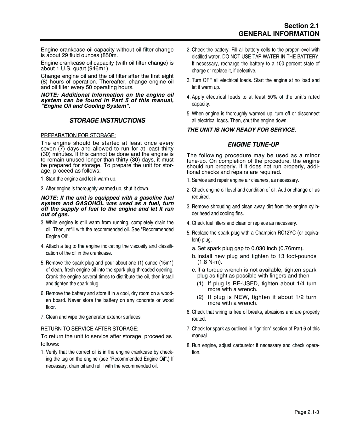 Generac Power Systems 941-2 Storage Instructions, Engine TUNE-UP, Preparation for Storage, Return to Service After Storage 