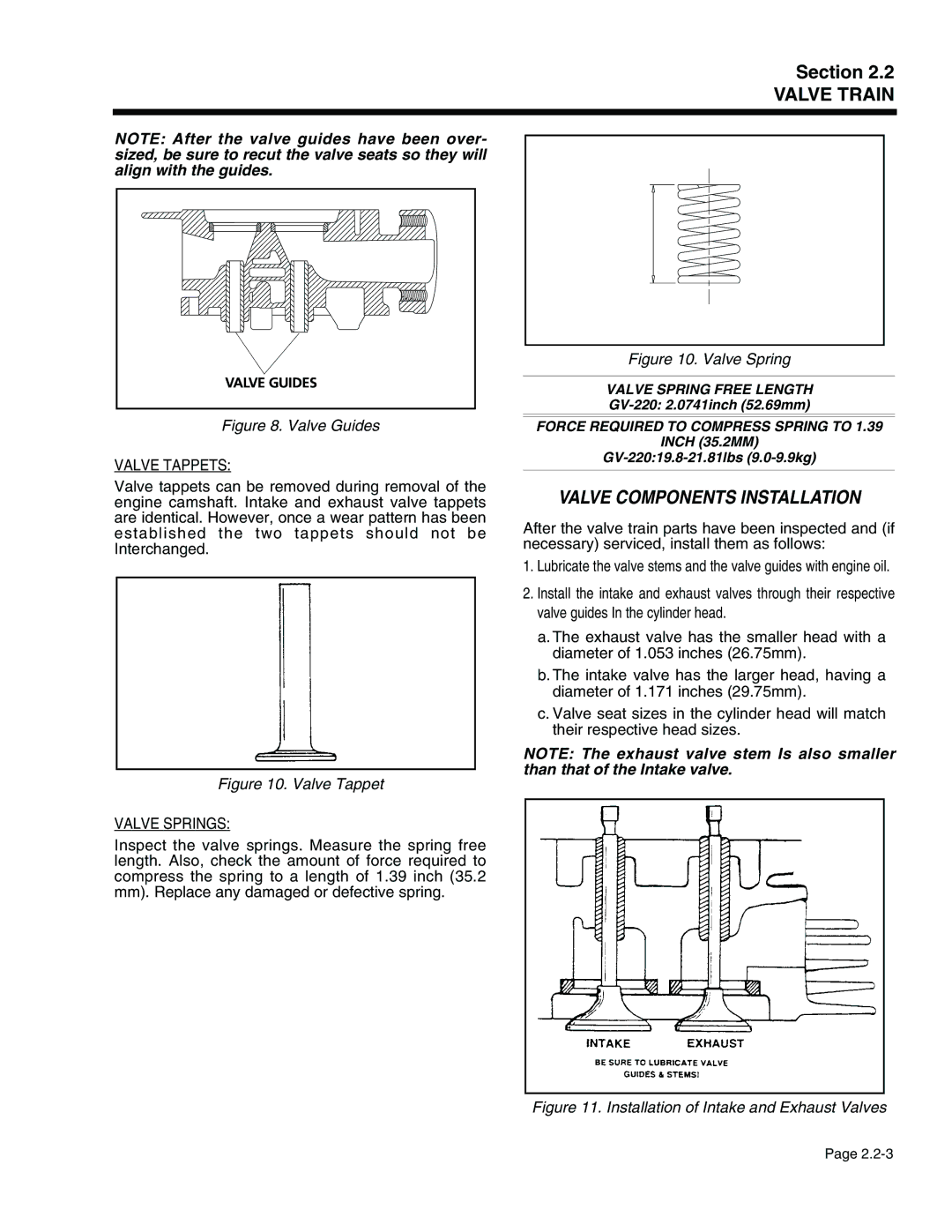 Generac Power Systems 941-2, 940-2 service manual Valve Components Installation, Valve Tappets, Valve Springs 