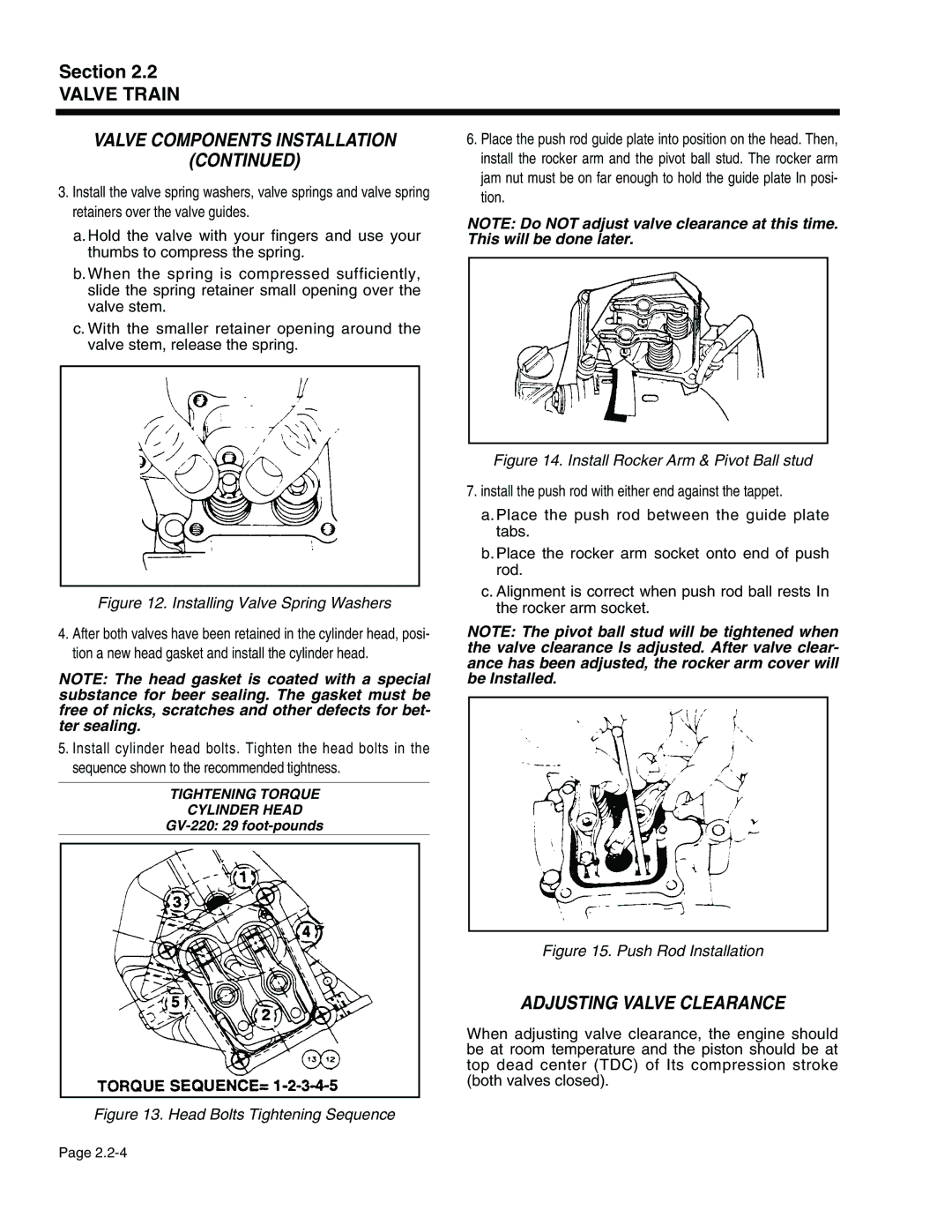 Generac Power Systems 940-2, 941-2 service manual Adjusting Valve Clearance, Installing Valve Spring Washers 