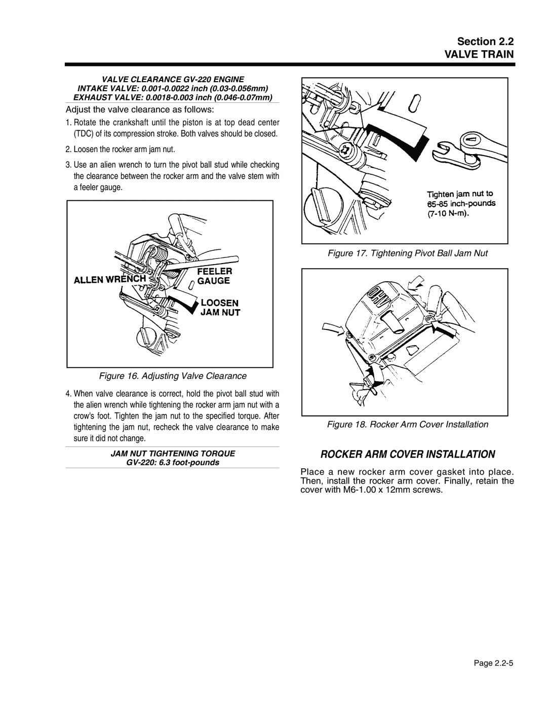 Generac Power Systems 941-2, 940-2 service manual Rocker ARM Cover Installation, Adjust the valve clearance as follows 