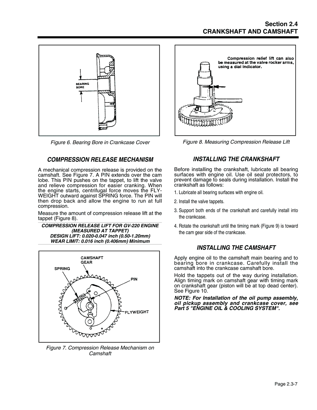 Generac Power Systems 941-2, 940-2 Compression Release Mechanism, Installing the Crankshaft, Installing the Camshaft 