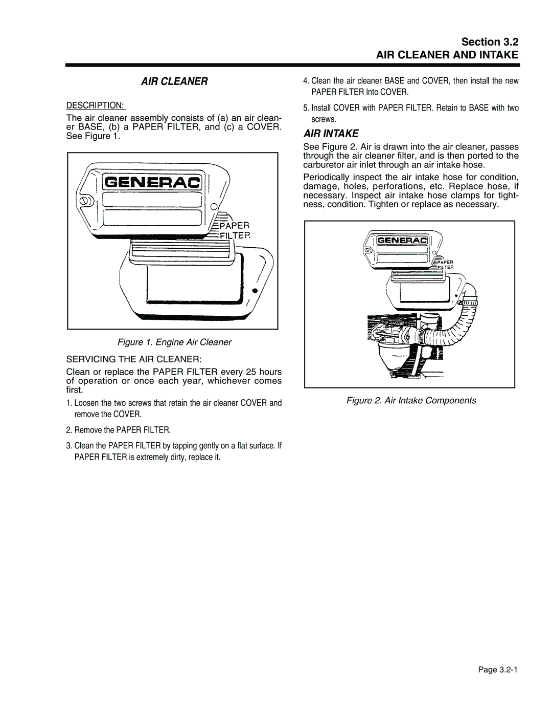 Generac Power Systems 941-2, 940-2 service manual AIR Intake, Description, Servicing the AIR Cleaner 