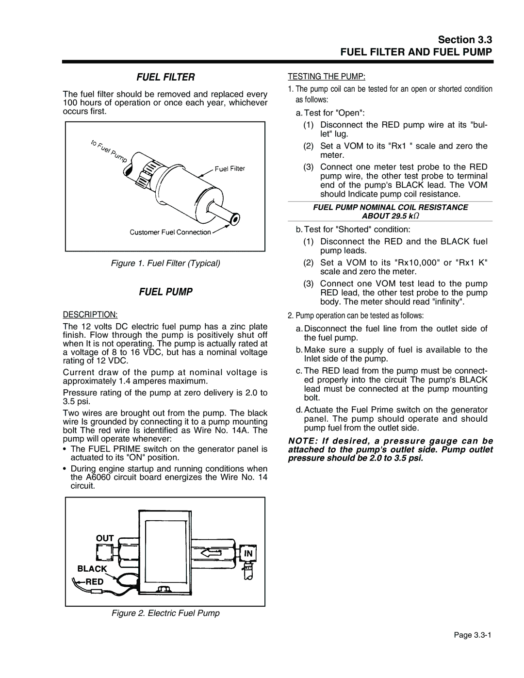 Generac Power Systems 941-2, 940-2 service manual Fuel Filter, Fuel Pump, Testing the Pump 