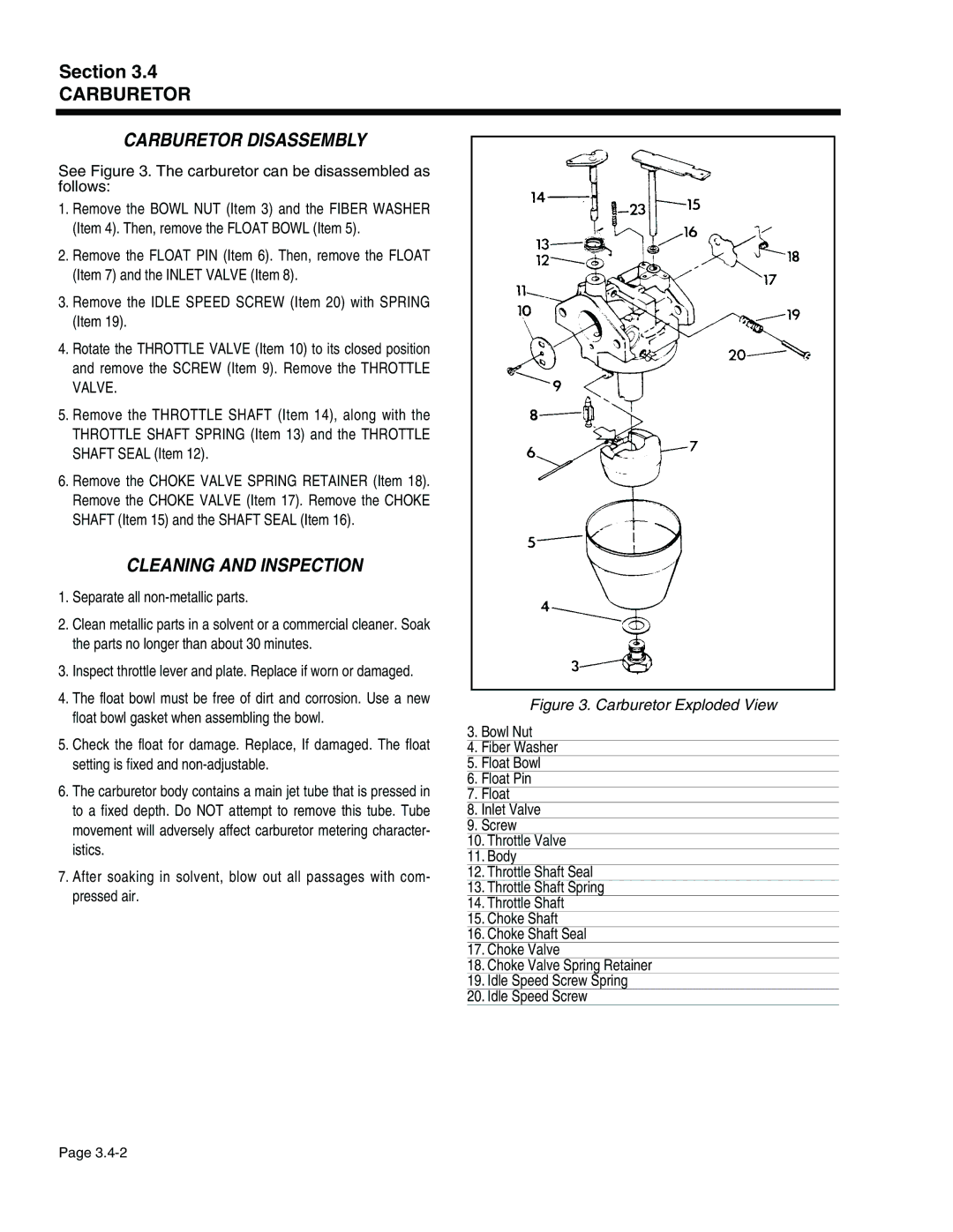 Generac Power Systems 940-2, 941-2 service manual Carburetor Disassembly, Cleaning and Inspection 