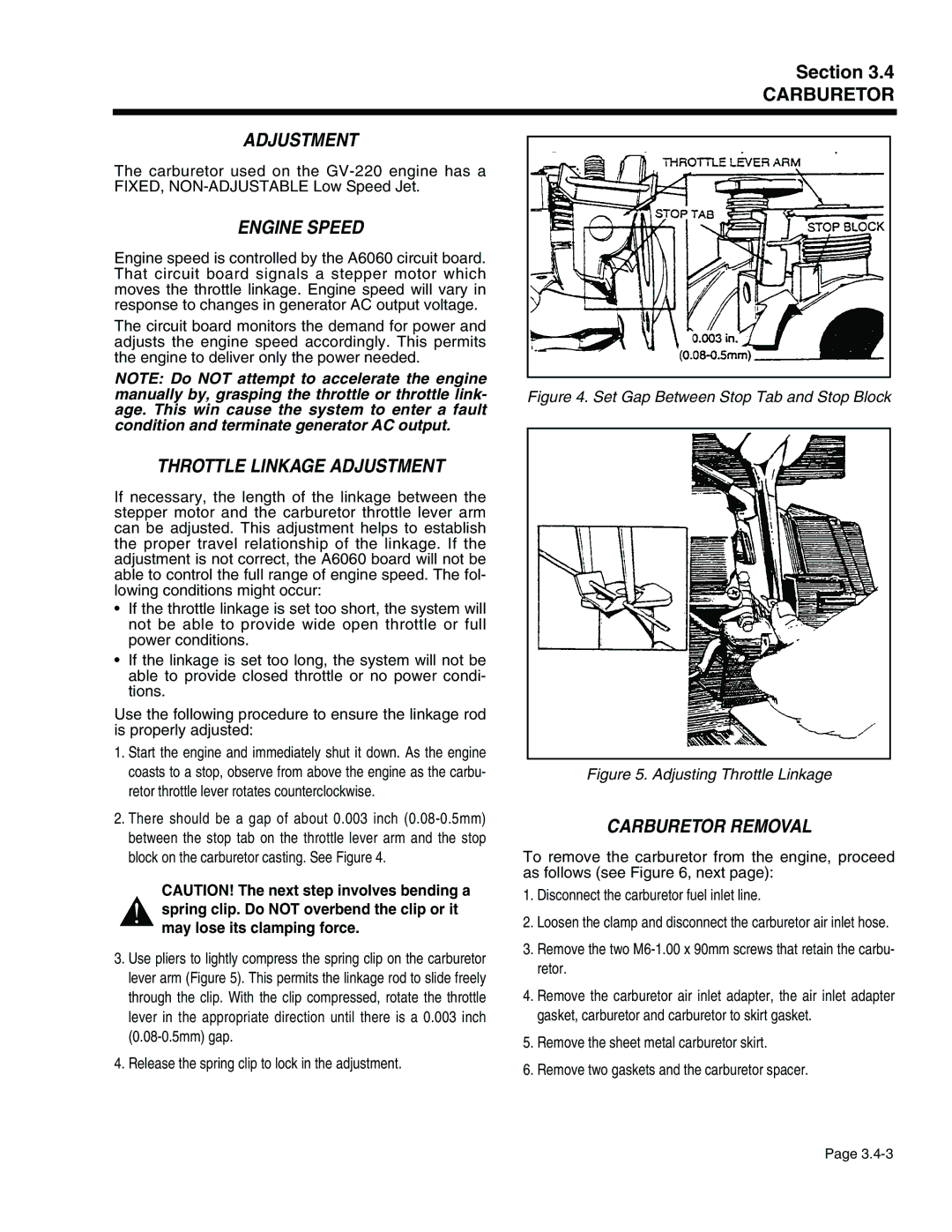 Generac Power Systems 941-2, 940-2 service manual Engine Speed, Throttle Linkage Adjustment, Carburetor Removal 