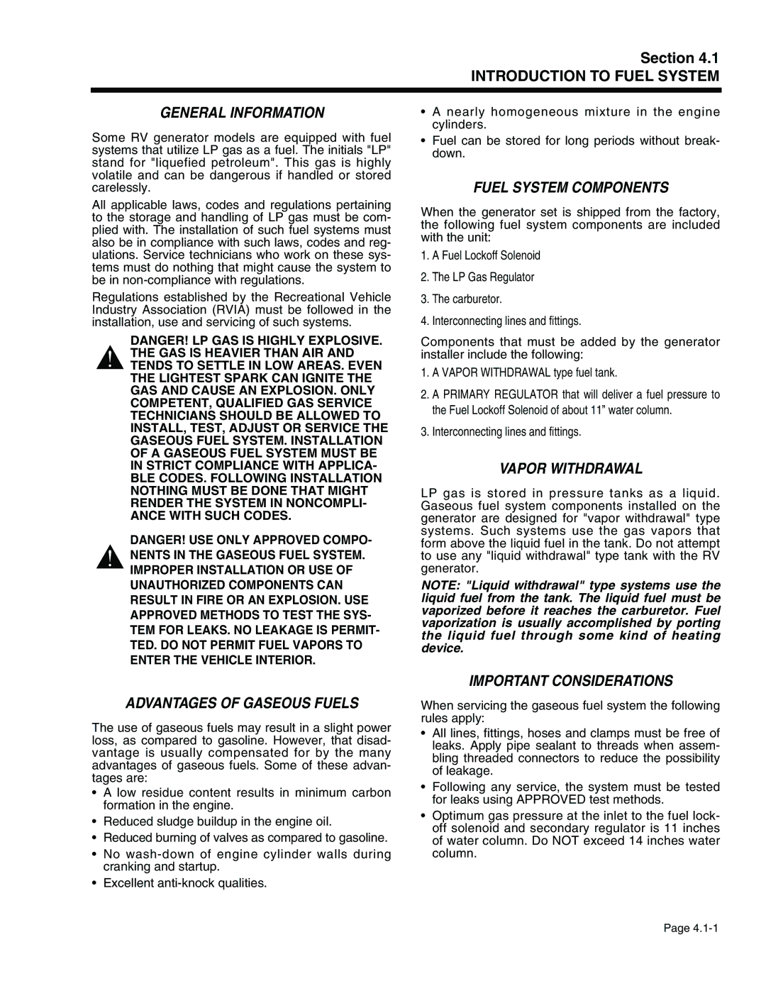 Generac Power Systems 941-2, 940-2 service manual Advantages of Gaseous Fuels, Fuel System Components, Vapor Withdrawal 