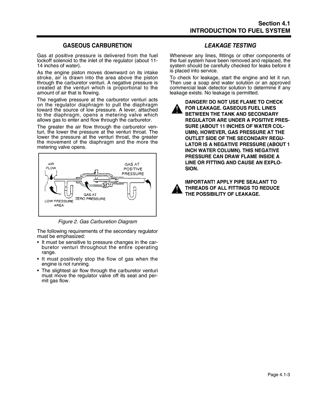 Generac Power Systems 941-2, 940-2 service manual Introduction to Fuel System Gaseous Carburetion, Leakage Testing 