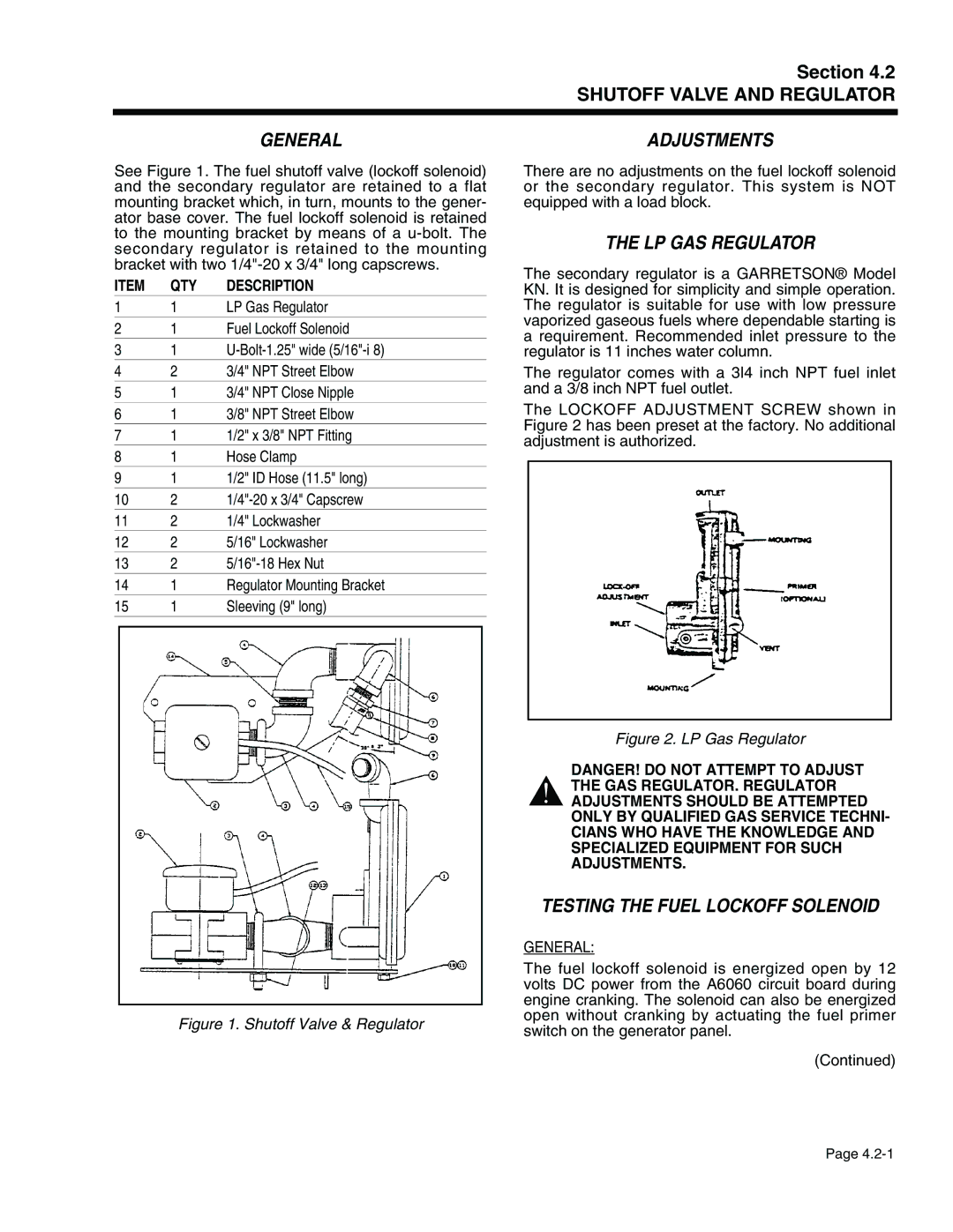 Generac Power Systems 941-2, 940-2 service manual Adjustments, LP GAS Regulator, Testing the Fuel Lockoff Solenoid 