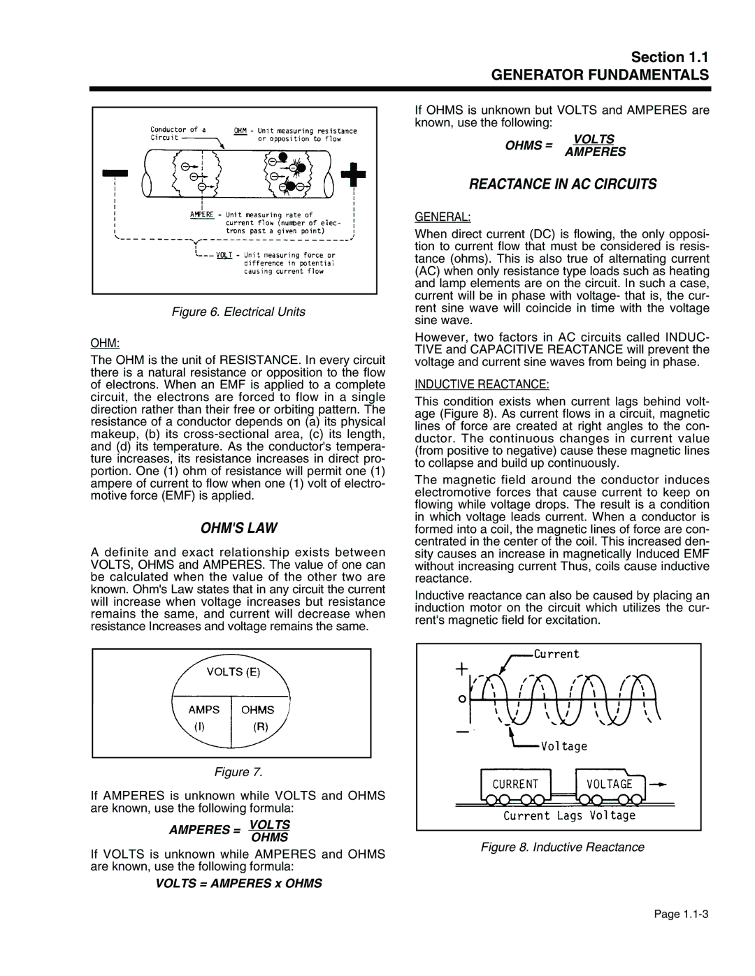 Generac Power Systems 941-2, 940-2 service manual Ohms LAW, Reactance in AC Circuits, General, Inductive Reactance 