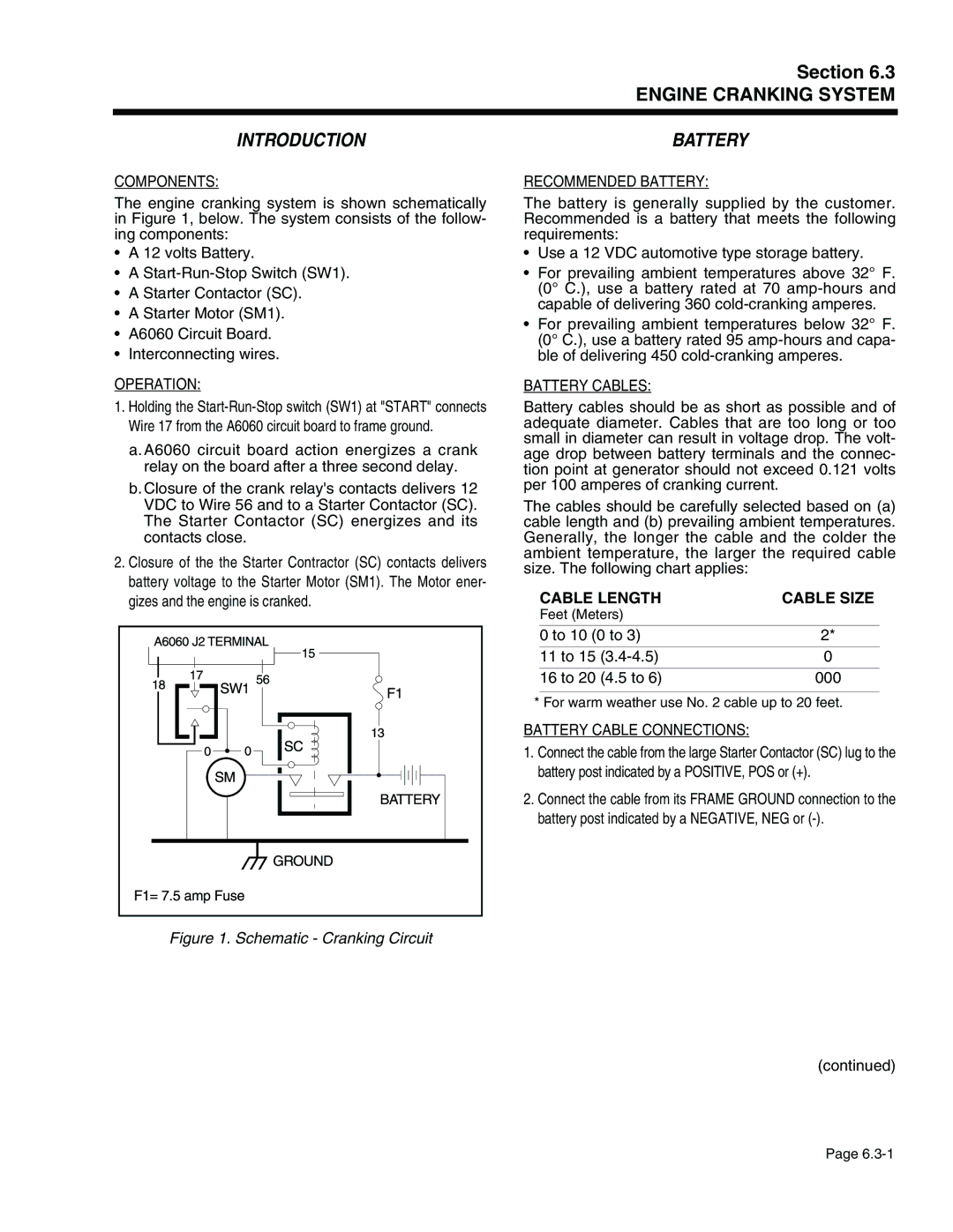 Generac Power Systems 941-2, 940-2 Components, Operation, Recommended Battery, Battery Cables, Battery Cable Connections 