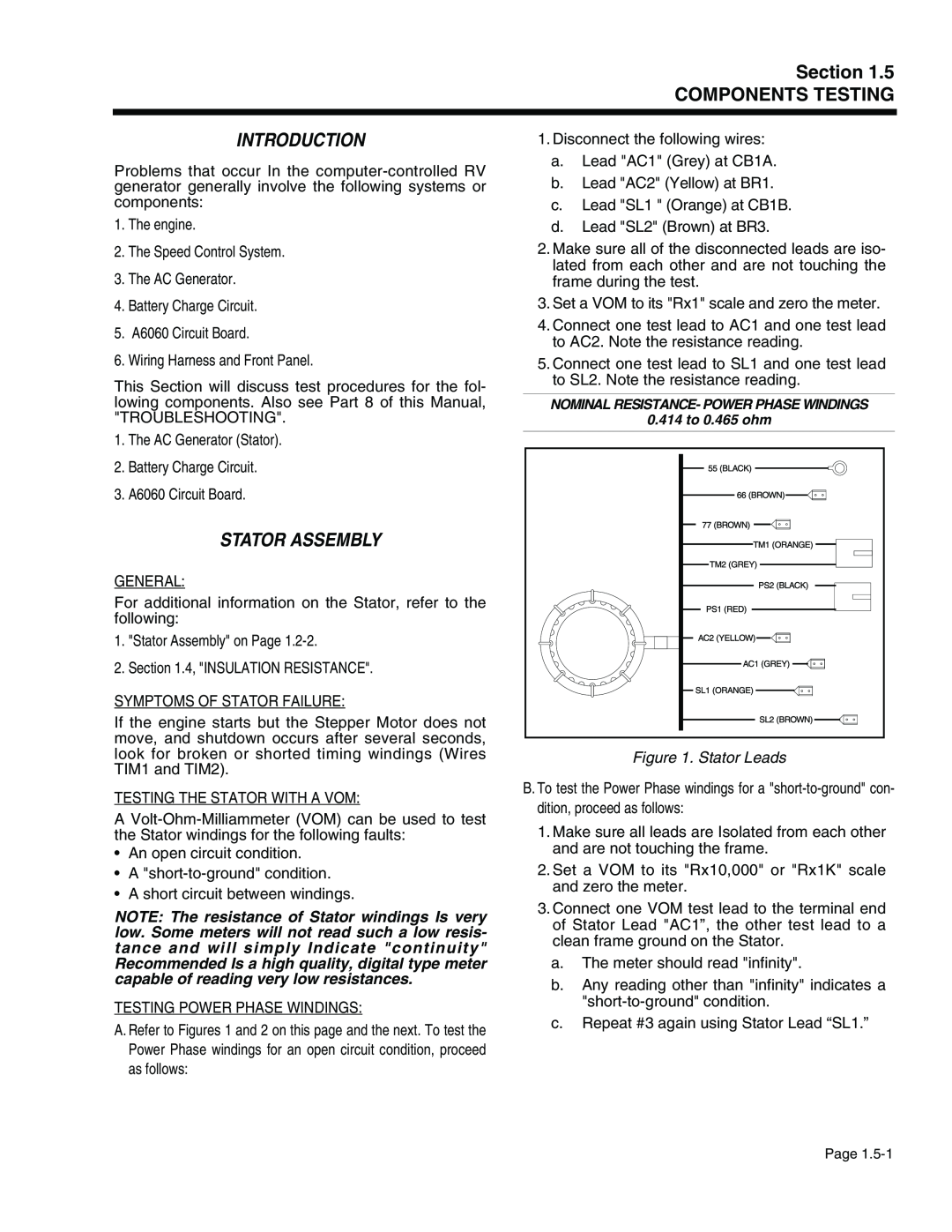 Generac Power Systems 941-2, 940-2 service manual Section COMPONENTS TESTING, Stator Leads, Introduction, Stator Assembly 
