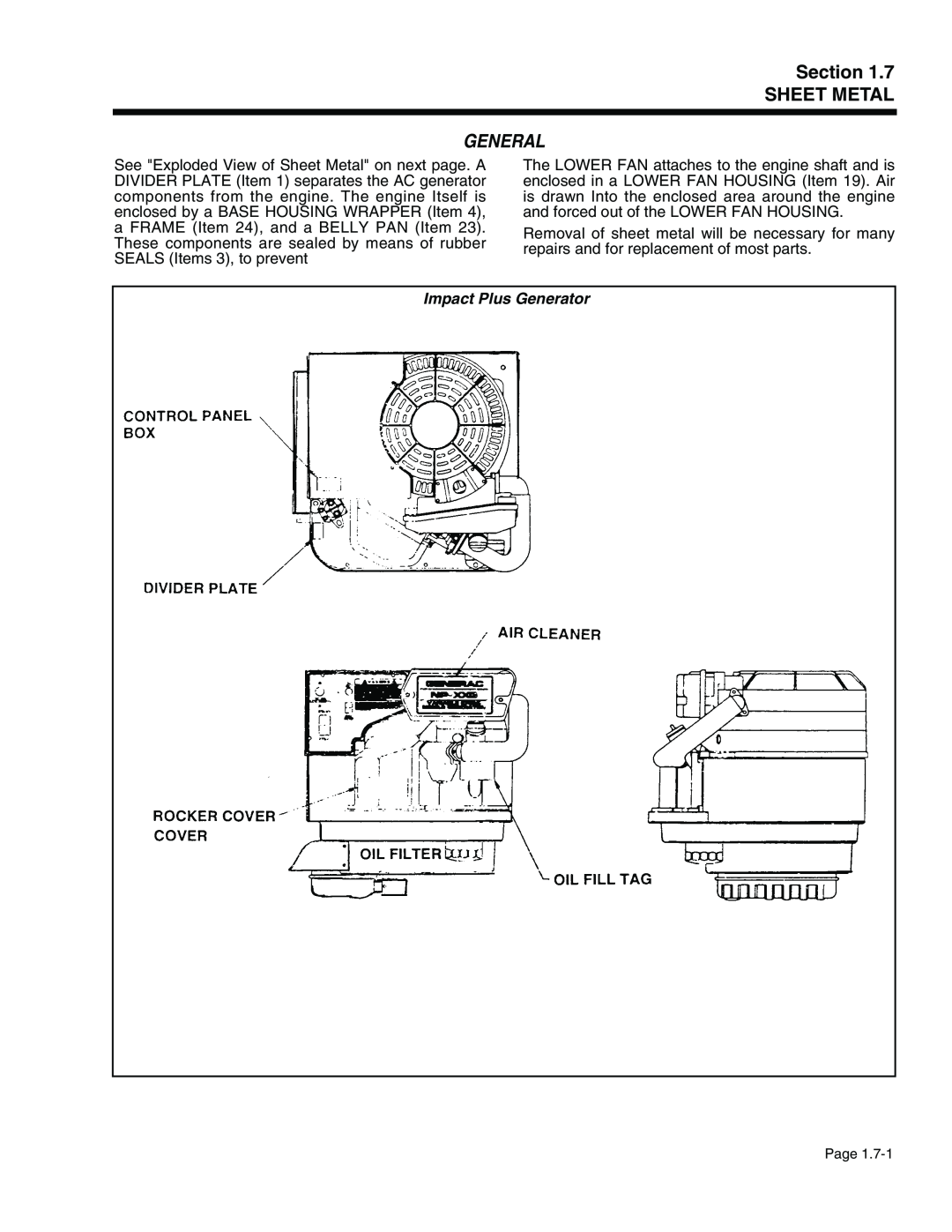 Generac Power Systems 941-2, 940-2 service manual Section SHEET METAL, Impact Plus Generator, General 