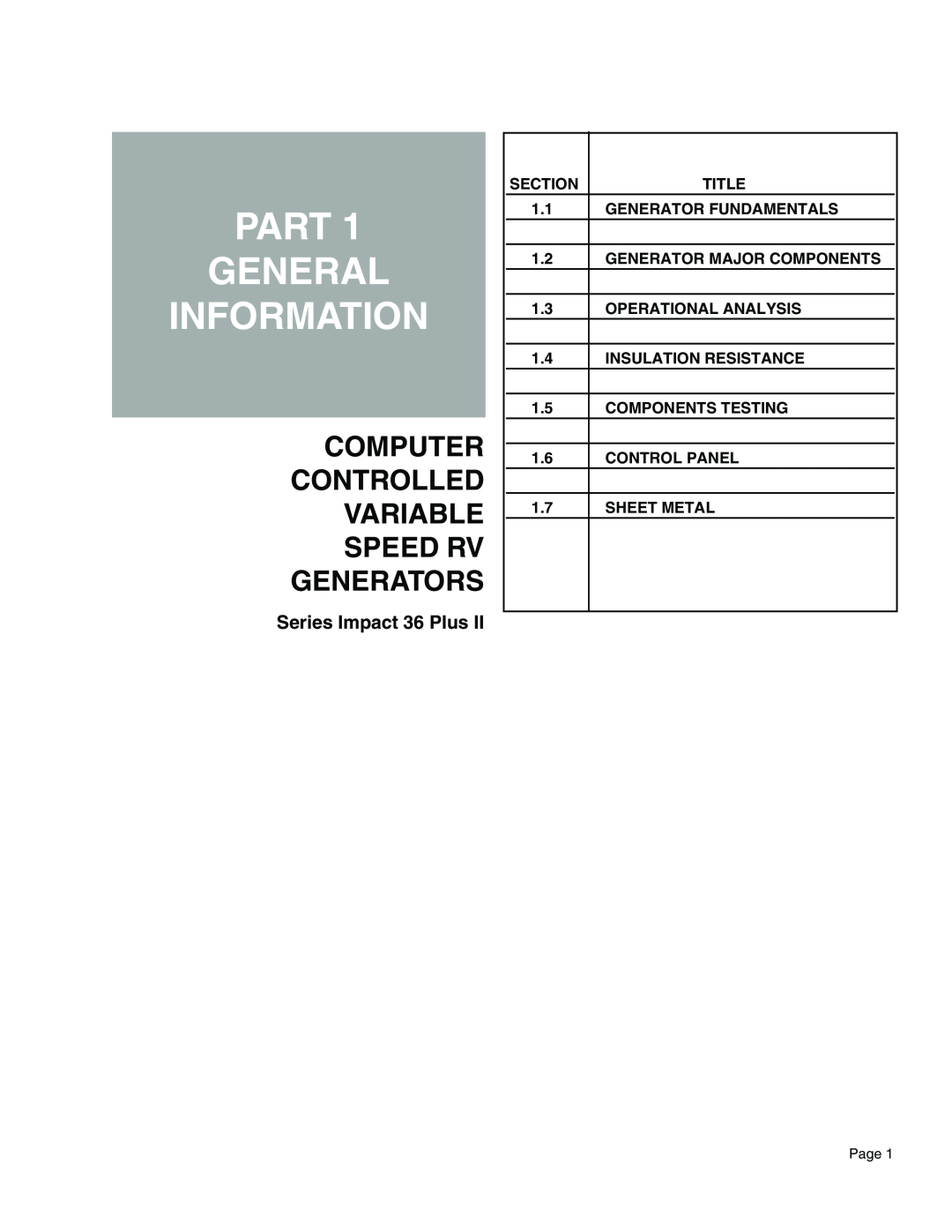 Generac Power Systems 941-2 Part General Information, Computer Controlled Variable Speed Rv Generators, Section, Title 