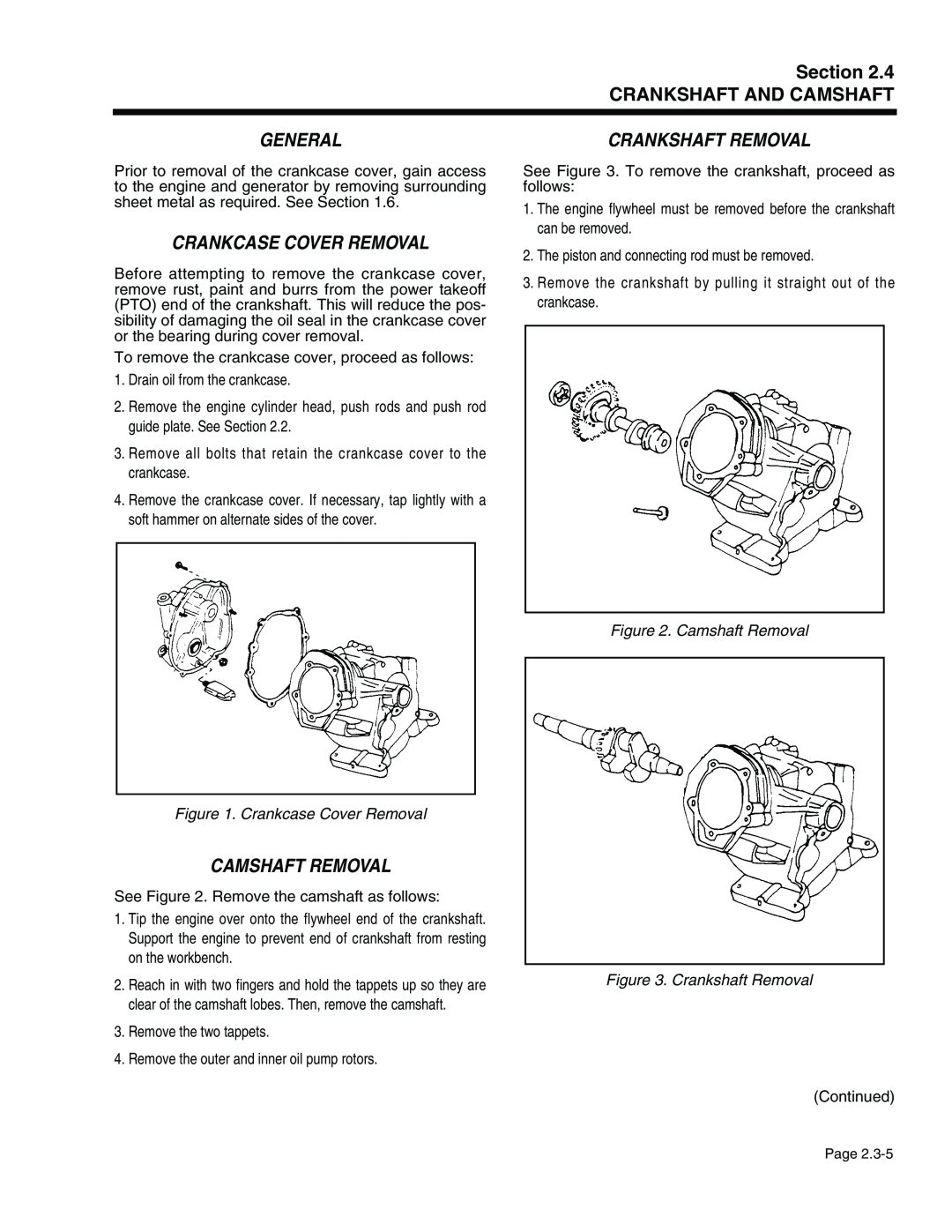 Generac Power Systems 941-2 Section CRANKSHAFT AND CAMSHAFT, Crankcase Cover Removal, Camshaft Removal, Crankshaft Removal 