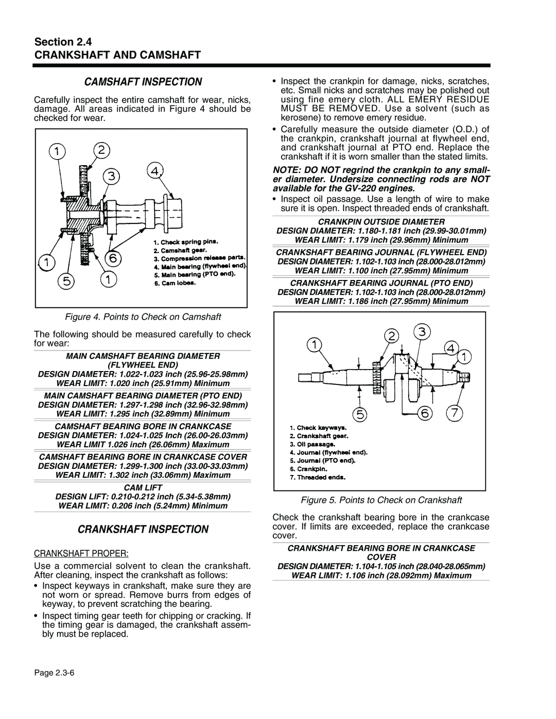 Generac Power Systems 940-2, 941-2 service manual Camshaft Inspection, Crankshaft Inspection, Points to Check on Camshaft 