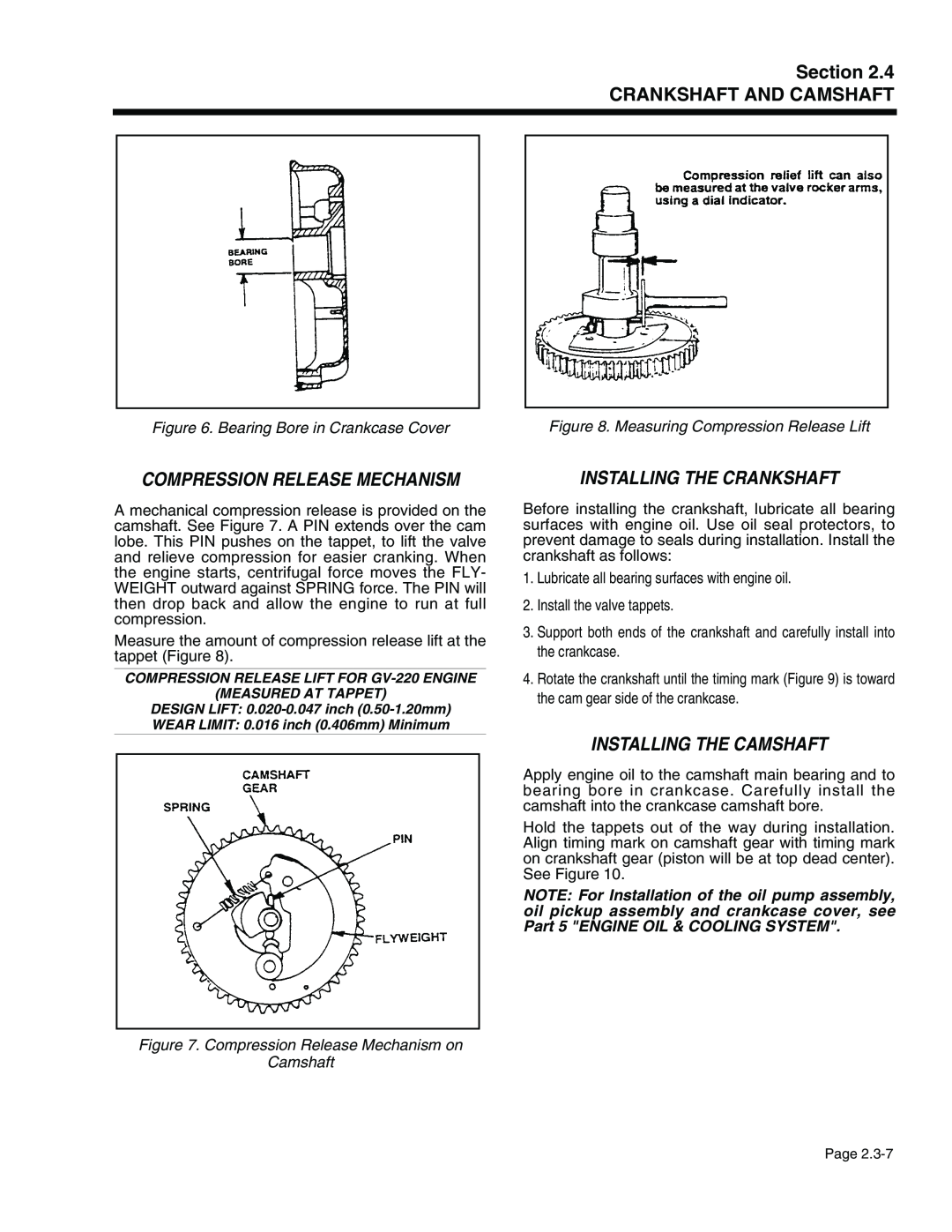 Generac Power Systems 941-2, 940-2 Compression Release Mechanism, Installing The Crankshaft, Installing The Camshaft 