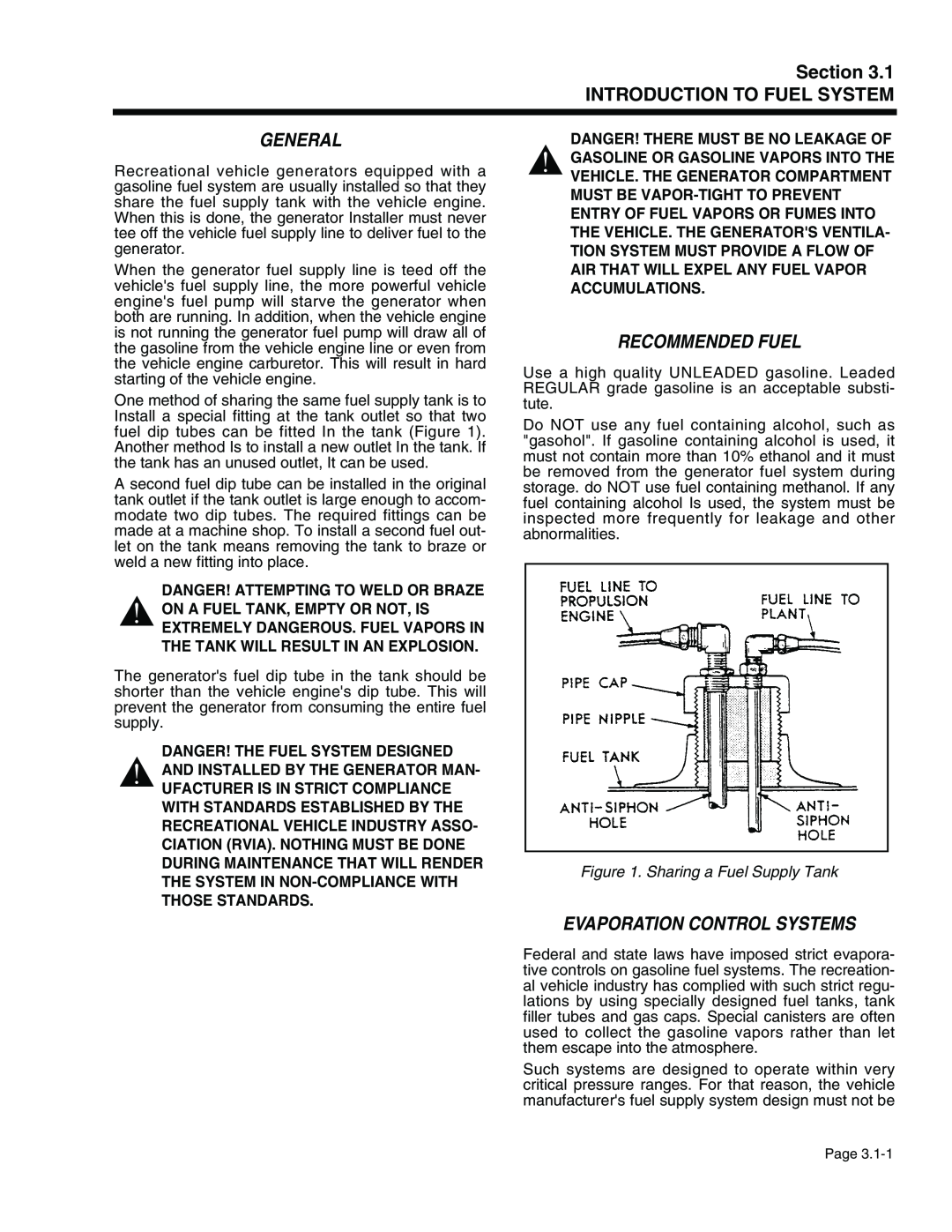 Generac Power Systems 941-2 Section INTRODUCTION TO FUEL SYSTEM, Recommended Fuel, Evaporation Control Systems, General 