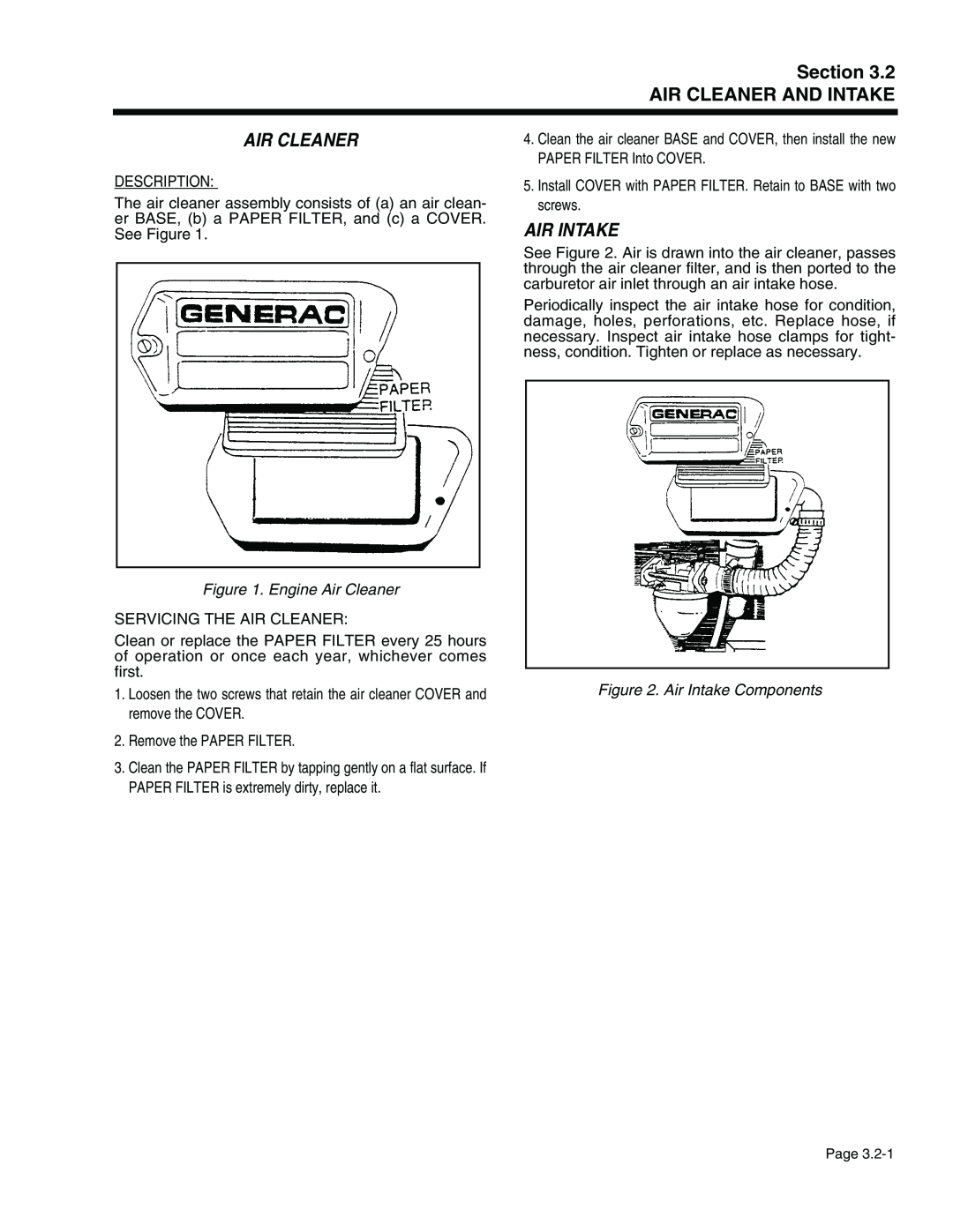 Generac Power Systems 941-2, 940-2 Section AIR CLEANER AND INTAKE, Engine Air Cleaner, Air Intake Components 