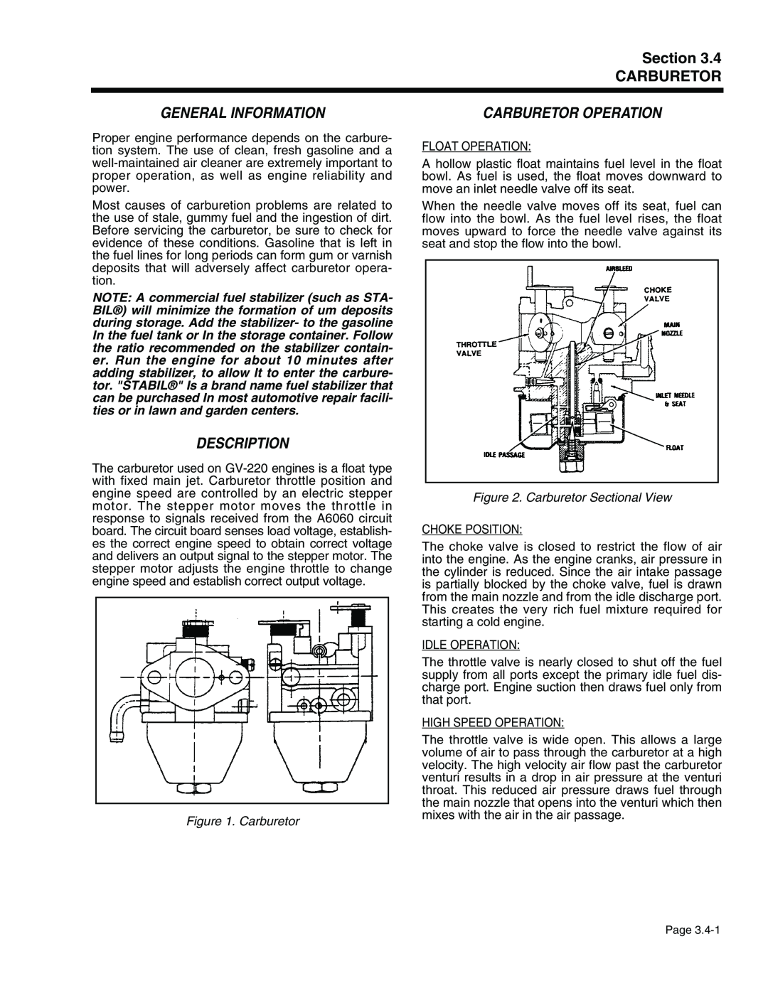 Generac Power Systems 941-2, 940-2 service manual Section CARBURETOR, General Information, Description, Carburetor Operation 