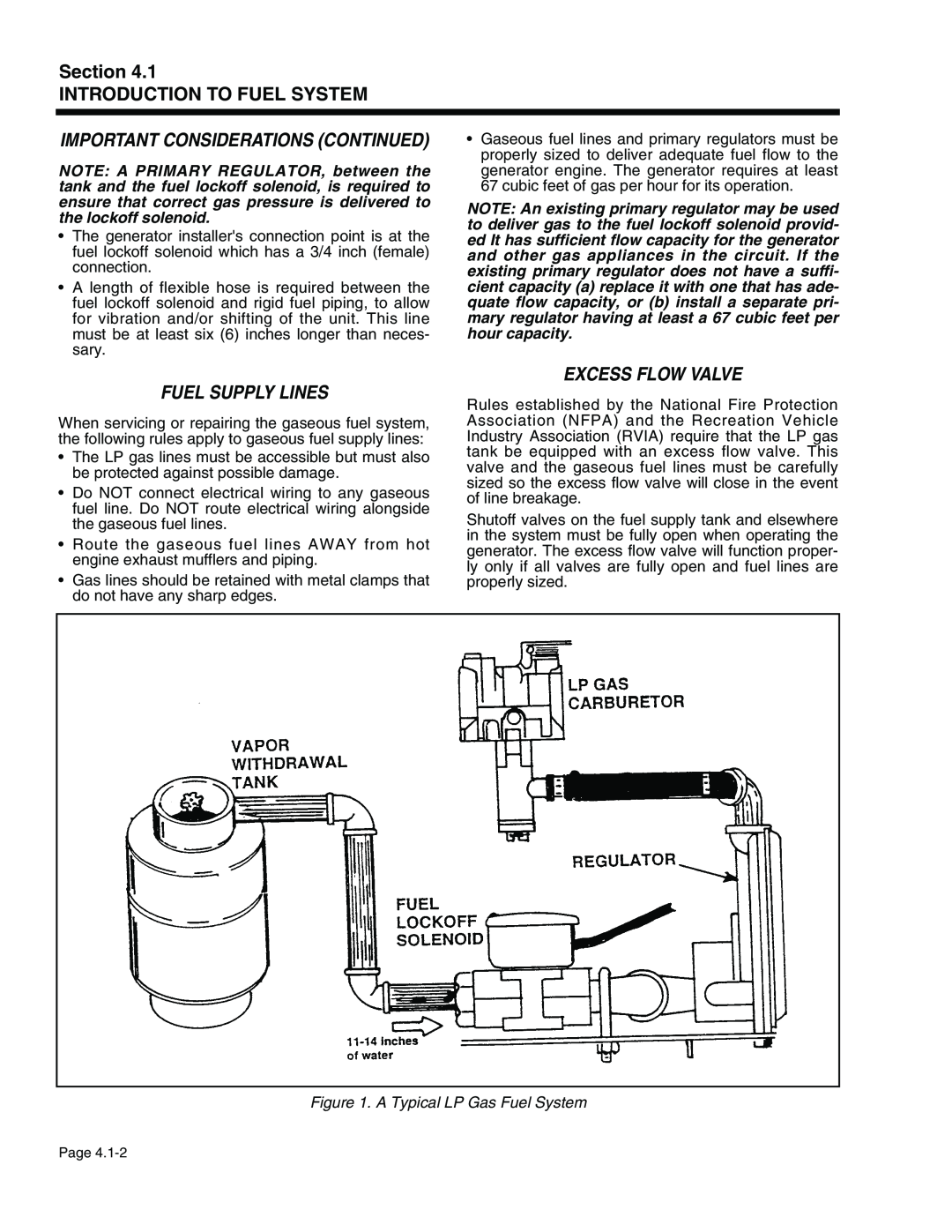Generac Power Systems 940-2, 941-2 service manual Fuel Supply Lines, Excess Flow Valve, Important Considerations Continued 