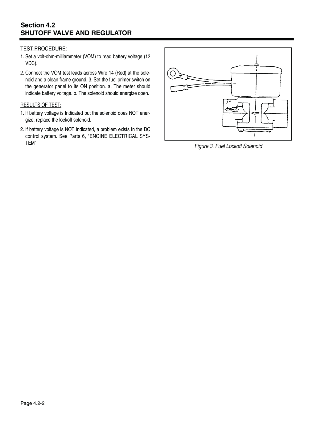 Generac Power Systems 940-2, 941-2 Section SHUTOFF VALVE AND REGULATOR, Results Of Test, Fuel Lockoff Solenoid, Page 