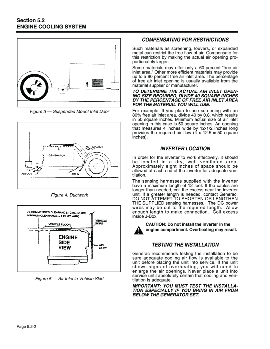 Generac Power Systems 940-2, 941-2 service manual Compensating For Restrictions, Inverter Location, Testing The Installation 