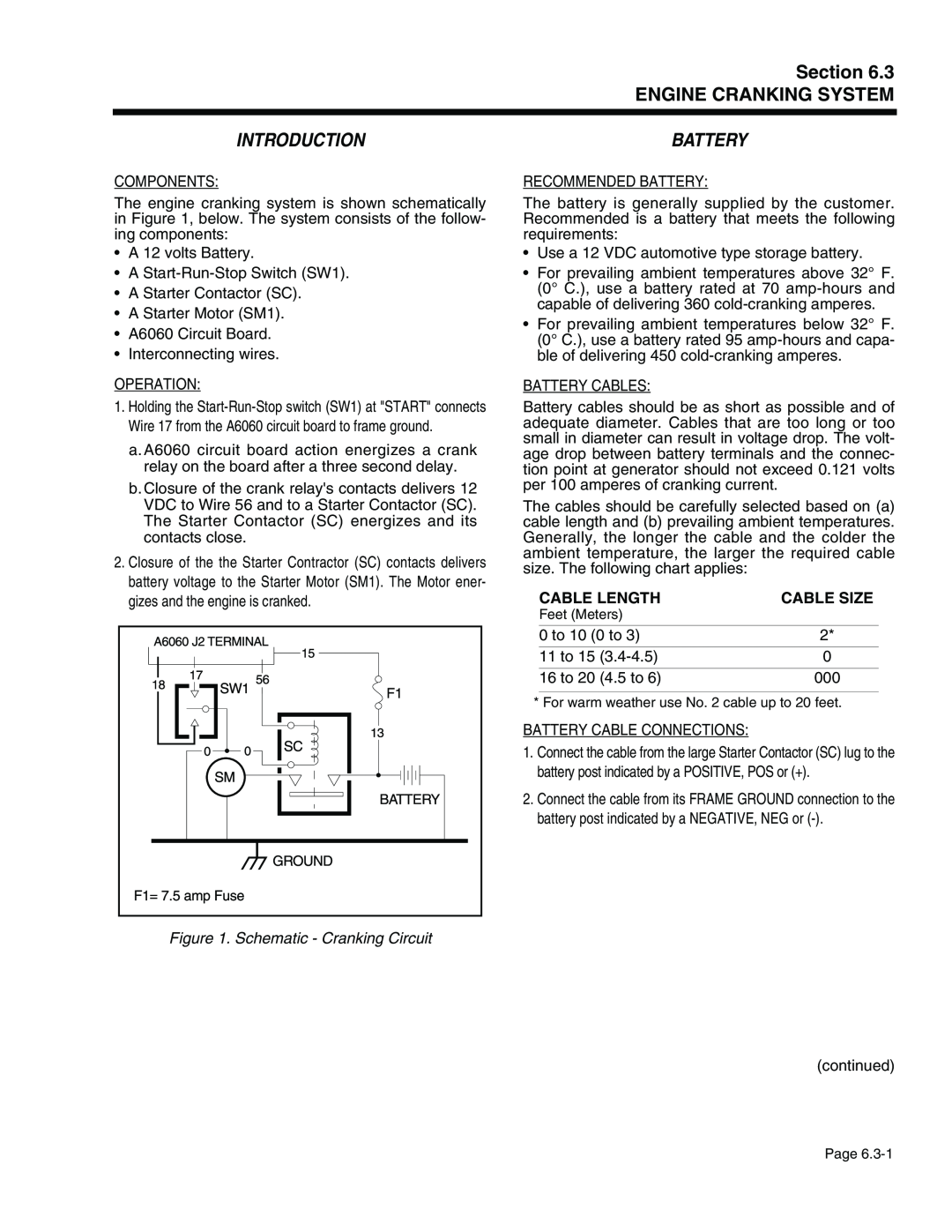 Generac Power Systems 941-2, 940-2 Section ENGINE CRANKING SYSTEM, Battery, Schematic - Cranking Circuit, Cable Length 