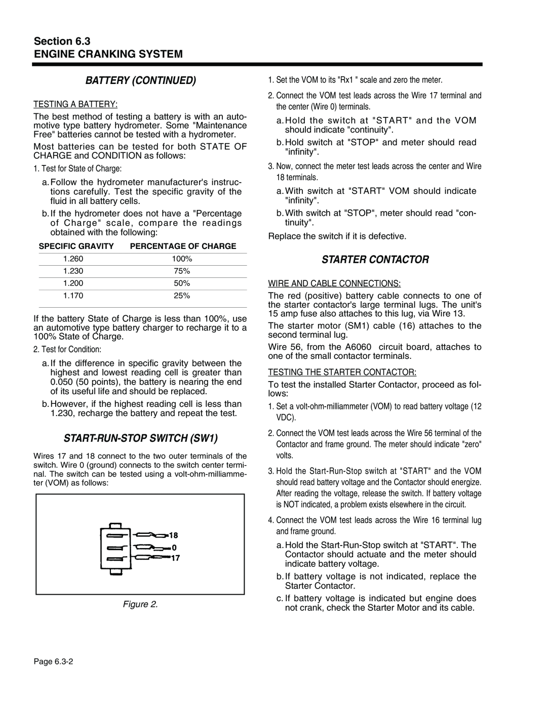 Generac Power Systems 940-2, 941-2 service manual Battery Continued, START-RUN-STOP SWITCH SW1, Starter Contactor 