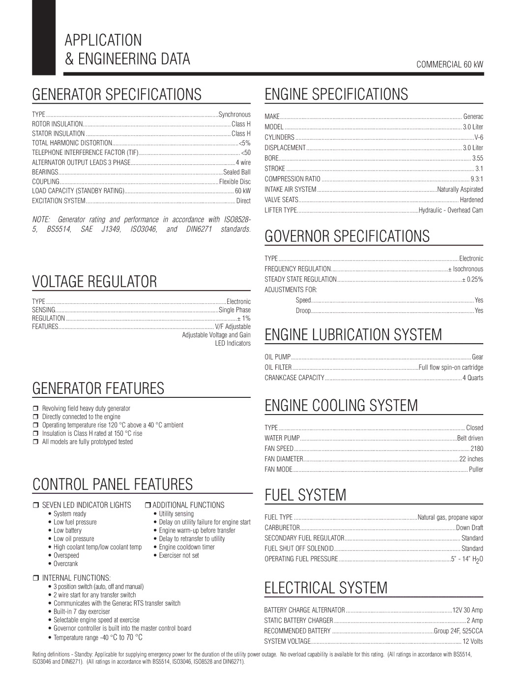 Generac Power Systems COMMERCIAL SERIES manual Application Engineering Data, Engine Specifications, Voltage Regulator 