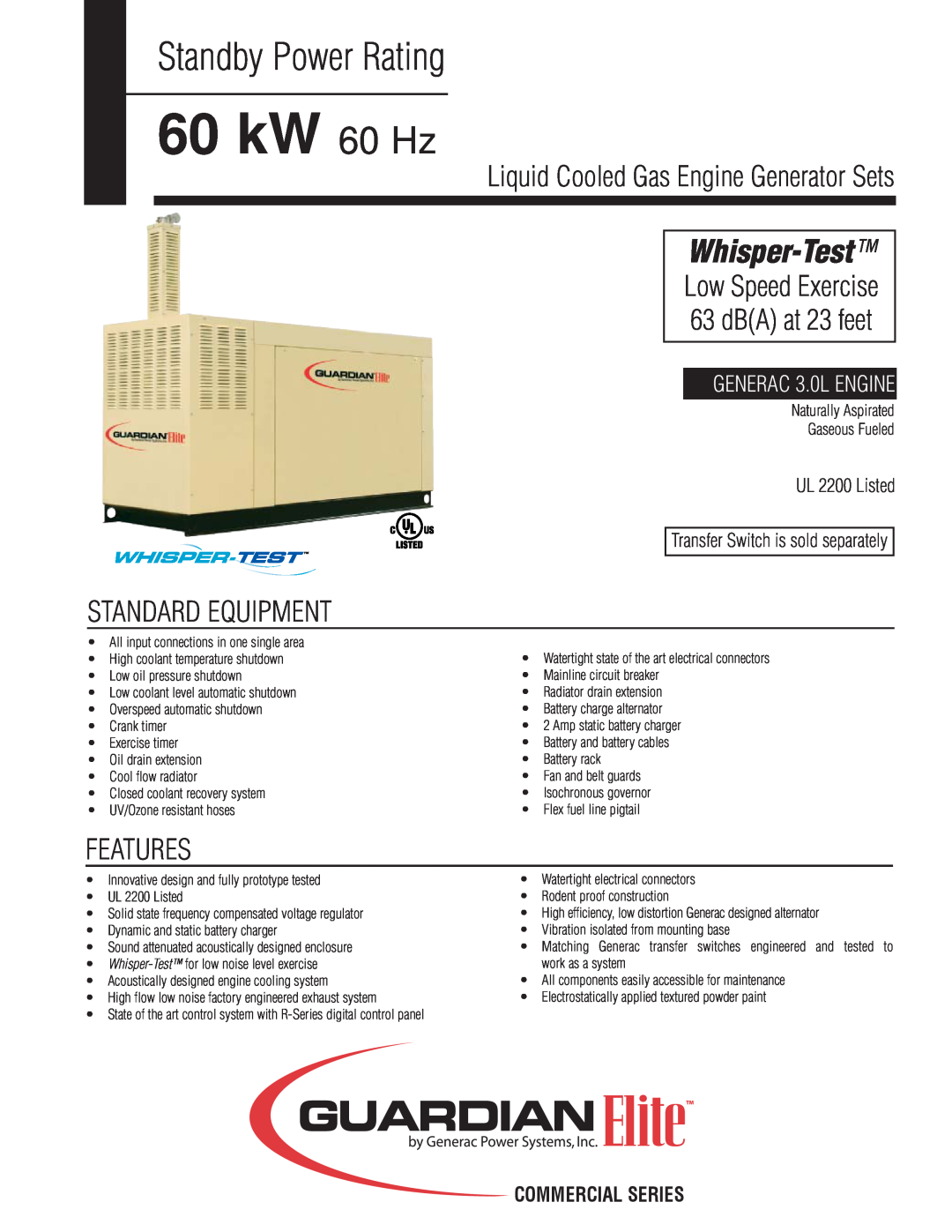 Generac Power Systems COMMERCIAL SERIES manual Standby Power Rating, 60 kW 60 Hz, Whisper-Test, Standard Equipment 